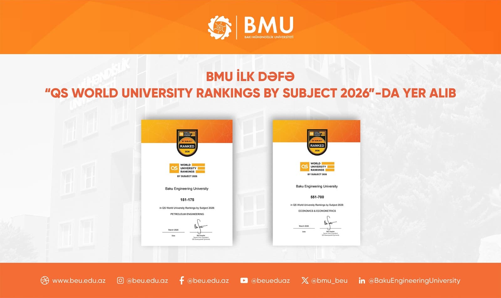 BMU ilk dəfə “QS World University Rankings by Subject 2026”-da yer alıb