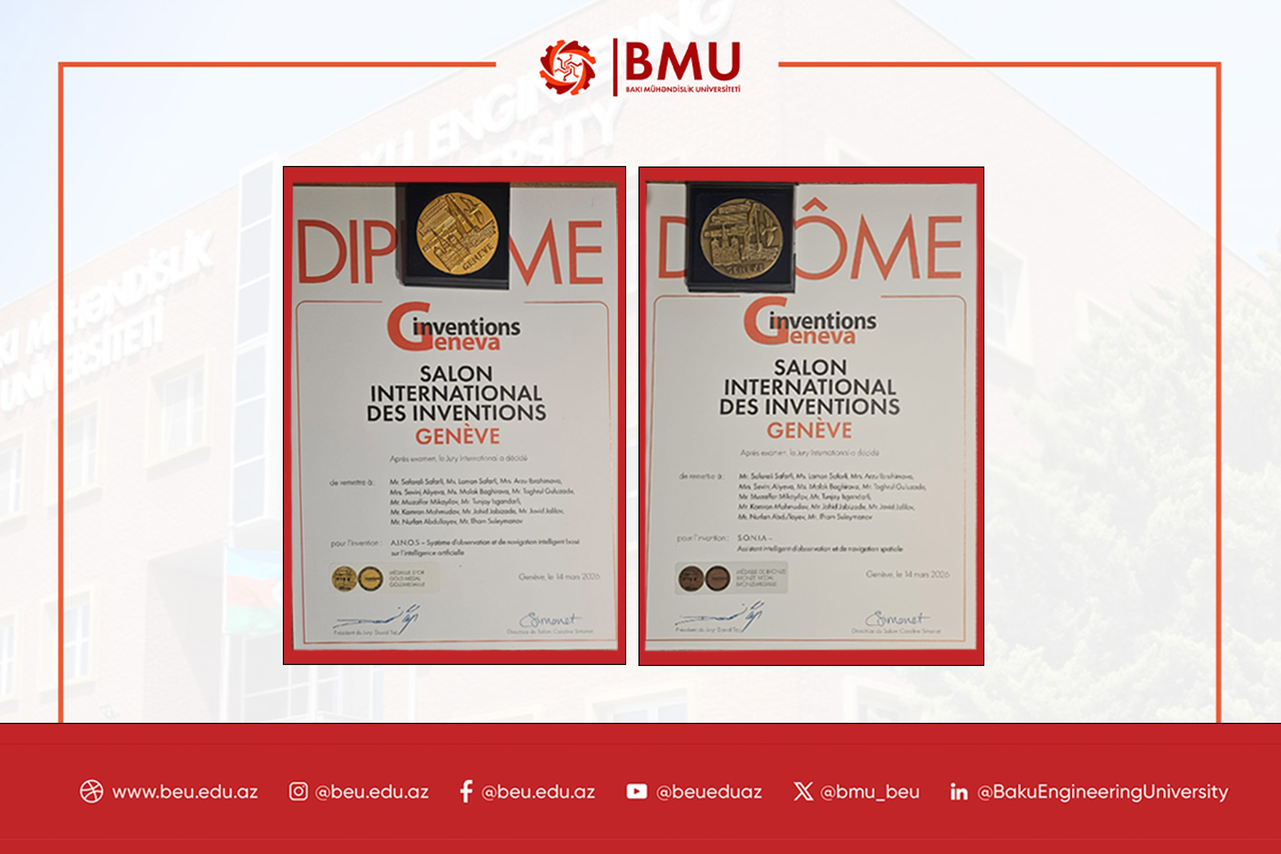 BMU-nun təmsil olunduğu komanda Cenevrədə qızıl və bürünc medala layiq görülüb