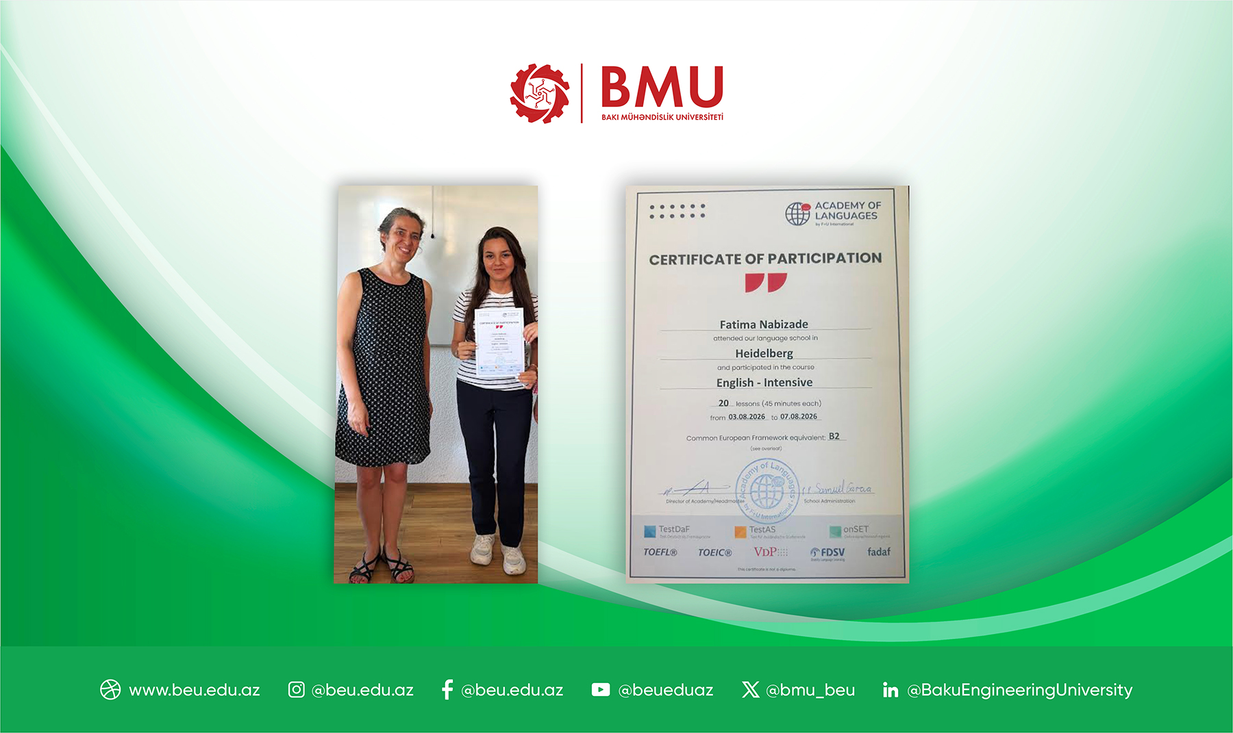 BMU tələbəsi Almaniyada beynəlxalq dil proqramını uğurla başa vurub