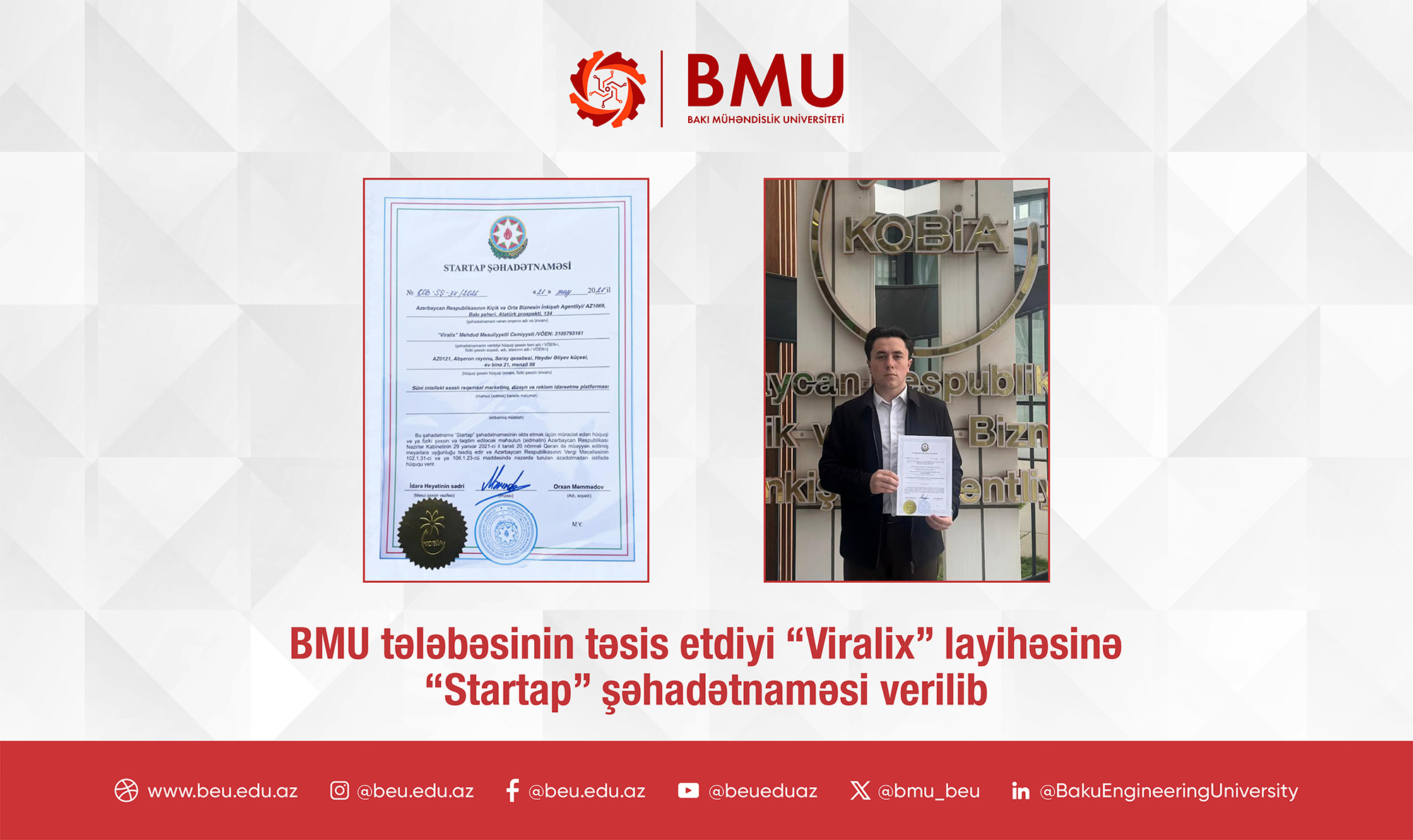 BMU tələbəsinin layihəsinə “Startap” şəhadətnaməsi verilib