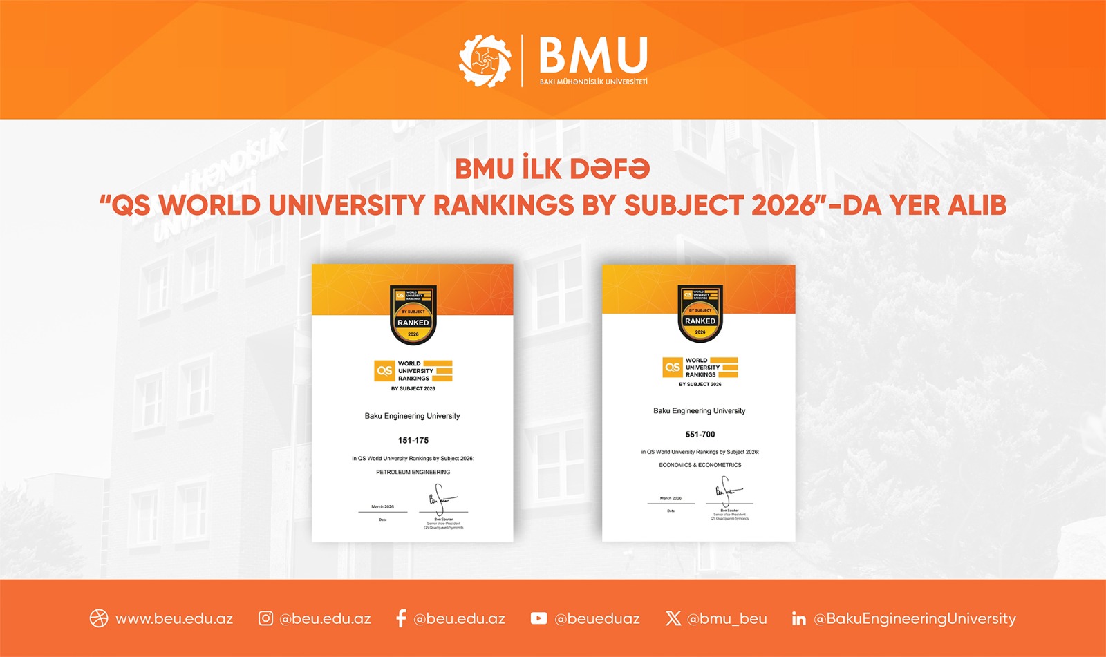 BMU ilk dəfə “QS World University Rankings by Subject 2026”-da yer alıb