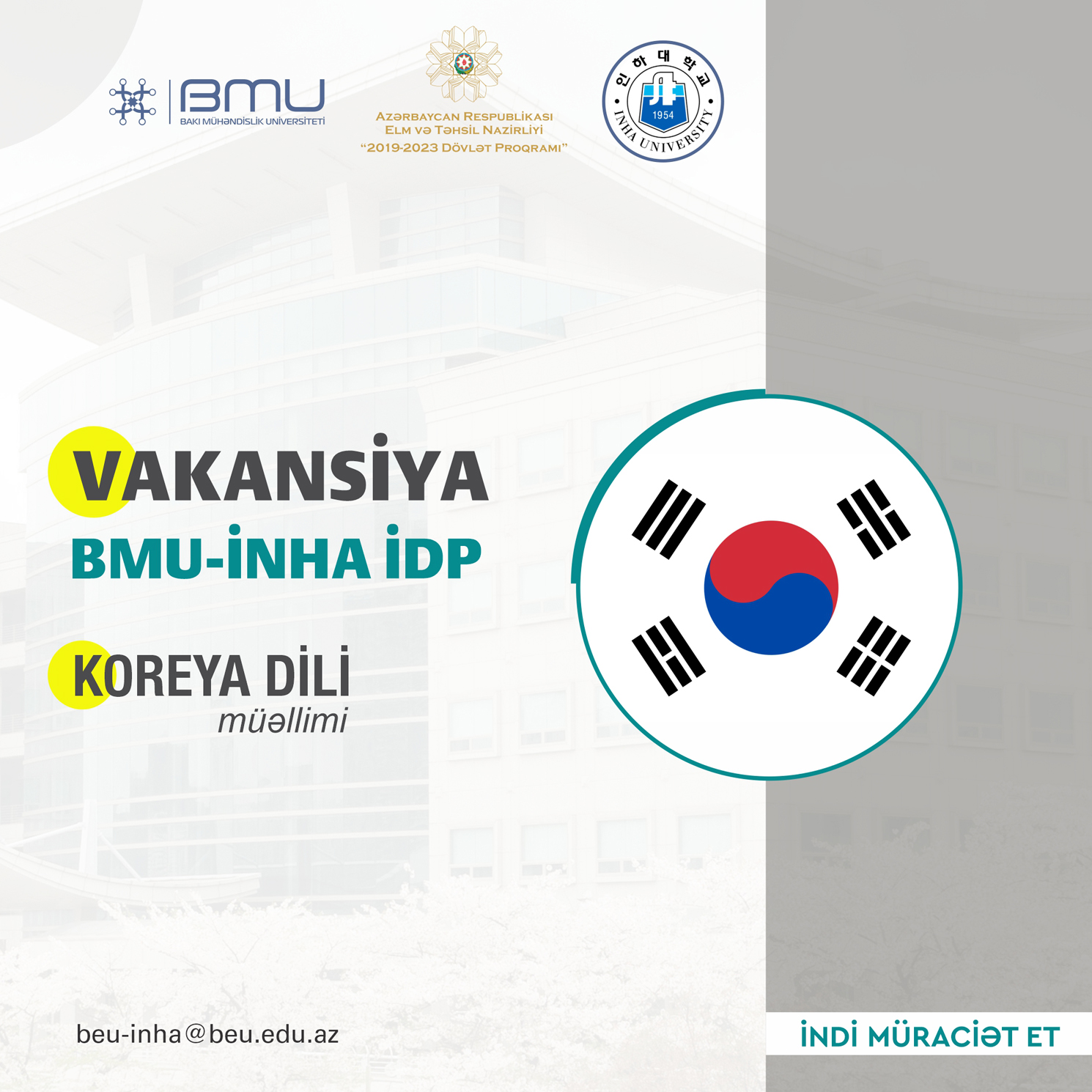 BMU-İNHA ikili diplom proqramı  “Koreya dili müəllimi” üzrə işə qəbul həyata keçirir